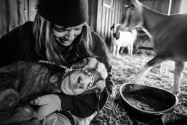 Woman cuddles a goat (WAM14053)